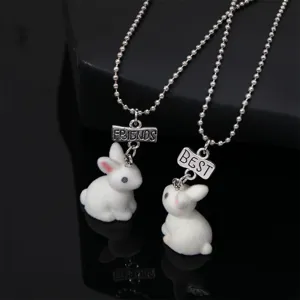 Detailweergave van de schattige konijn best vrienden ketting met pluizige textuur en metalen tags.