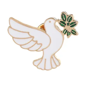 Peace dove olive branch enamel brooch pin, gold tone metal animal badge for clothing decor.