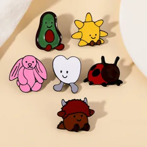 Cute cartoon enamel pins set, metal fruit and animal brooches for clothing bags backpack decor.