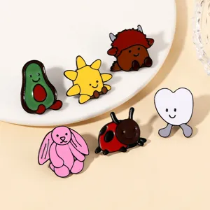 Cute cartoon enamel pins set featuring adorable fruit and animal designs for chic apparel decor.