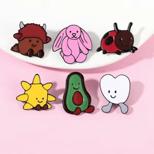 Cute enamel pins set featuring animal and plant designs, stylish metal brooches for clothing.