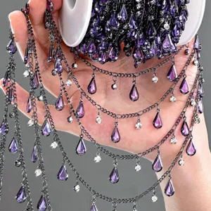 DIY teardrop crystal rhinestone chain light purple metal fashion jewelry accessory for craft