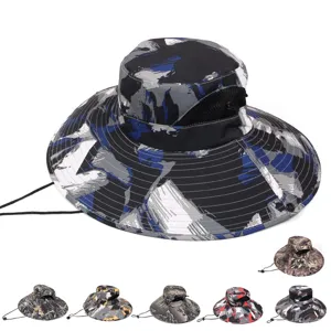 Unisex Camouflage Outdoor Wide Brim Bucket Hat Breathable Mesh Cotton Blend Windproof Rope Adjustable Sunshade Fishing Hiking Sun Hat