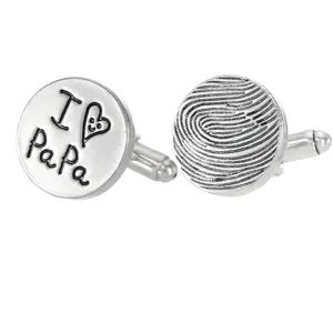 Men's silver metal French shirt cufflinks with Father's Day fingerprint and text design.
