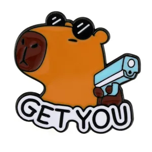 Cute capybara enamel pin with sunglasses and gun, funny meme badge for clothes and bags.