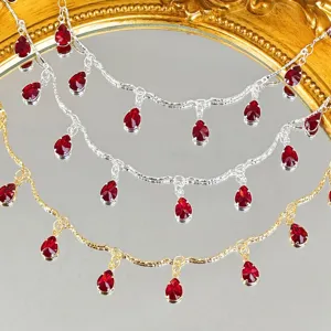 DIY teardrop crystal metal chain, red zircon pendant necklace chain for handmade jewelry design.