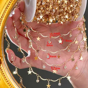 DIY gold star rhinestone chain jewelry making component, shiny metal craft accessory.