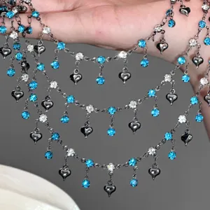 Multi-strand rhinestone and heart charm chain, detailed view of DIY jewelry material for waist.