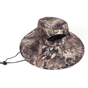 Camouflage wide brim sun hat for outdoor hiking fishing, breathable design with windproof strap.