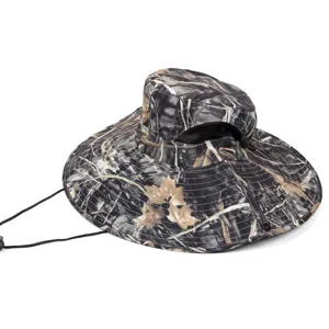 Outdoor camo sun hat with wide brim, adjustable wind rope and breathable mesh for fishing.