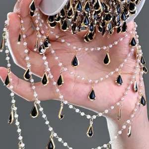 Chaîne de perles en goute d'eau noire DIY, accessoire de bijoux de taille Hanfu en métal doré.