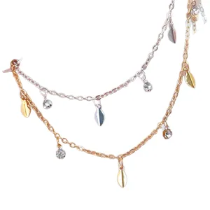 DIY chaîne métallique double couche accessoire cheveux avec pendentifs feuilles et strass.