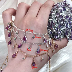 Detailed view of DIY layered purple teardrop rhinestone chain accessory for Hanfu costume.