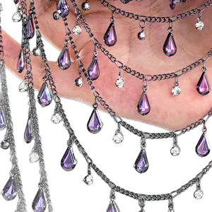 Multi-layer gunmetal chain with purple teardrop rhinestones for Hanfu DIY waist accessory.
