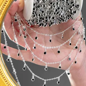 DIY black stone beaded metal tassel chain for bag and jewelry crafting, exquisite silver finish.