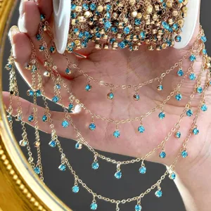 DIY gold chain with vibrant blue rhinestones for handmade bracelets and necklaces 1pc
