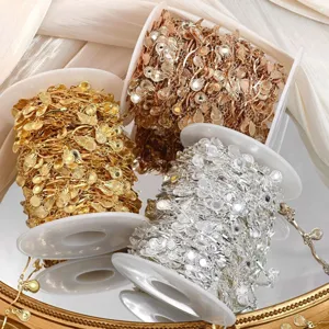 DIY metallic sequin chain spools in gold rose gold and silver for handmade jewelry crafts.