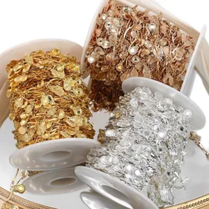 DIY metallic flower sequin chain rolls in gold, rose gold and silver for jewelry making crafting.