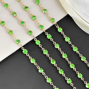 4mm green rhinestone chain detail, golden cup chain trim for DIY crafts bags clothing.