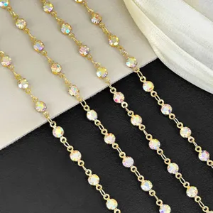Detailed close-up view of DIY gold-tone 4mm multi-color rhinestone cup chain trim.
