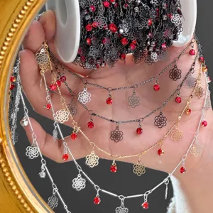 DIY Copper Chain Hollow Petal Red Rhinestone Chain Craft Accessories For Jewelry Making And Bag Decoration