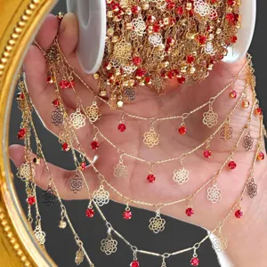 DIY Gold Chain Red Rhinestone Hollow Flower Pendants Craft Jewelry Making Supplies