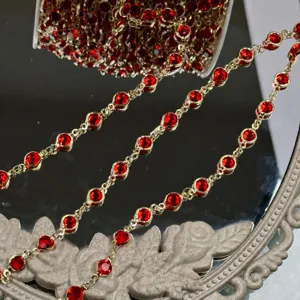 DIY 6mm Red Rhinestone Chain Copper Bezel Trim for Hanfu Hair Ornaments and Jewelry Crafts