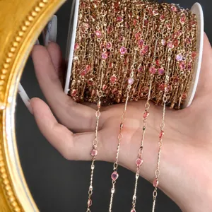 DIY gold beaded chain spool with pink stones for Chinese antique hair accessories crafting.