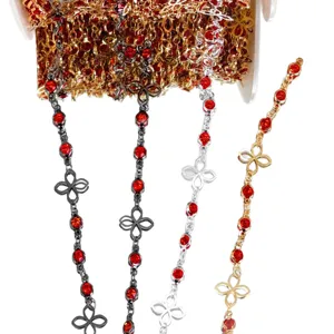 DIY Chaîne Trèfle à Quatre Feuilles Strass Rouge Métal Bobine Accessoires Artisanat
