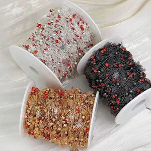 DIY hollow flower chain with red rhinestones, craft supply for bag and jewelry detail view