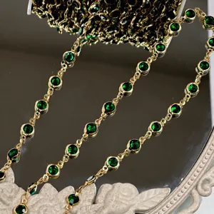 DIY gold bezel green glass stone chain for Hanfu headwear bracelet jewelry making accessories.