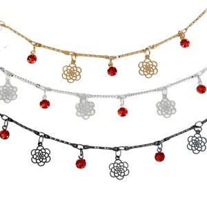DIY decorative metal chain with red rhinestones and hollow flower charms for bags.