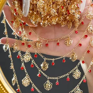 DIY gold-plated metal chain with red rose pendants and rhinestones for crafts and decor.