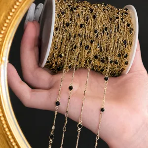 DIY gold chain roll with black stones for handmade hair accessories, tassels, and bridal veils.
