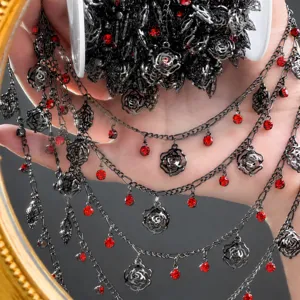 DIY black metallic rose chain with red rhinestones for craft garment costume decoration.