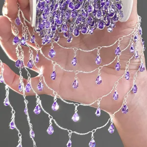 Close-up detail of diy light purple teardrop zirconia chain, shining crystal drops.
