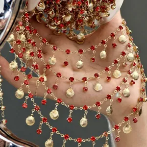 DIY gold red shell rhinestone chain detail view for handmade jewelry crafts costume accessory