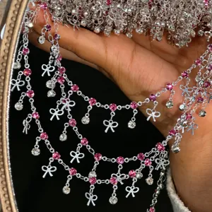 DIY pink bow rhinestone chain multi-layer metal necklace bracelet fashion jewelry accessory