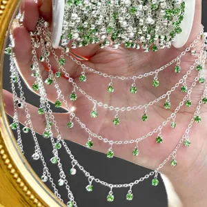 DIY green rhinestone cup chain silver metal dangle chains for handmade jewelry making necklaces.