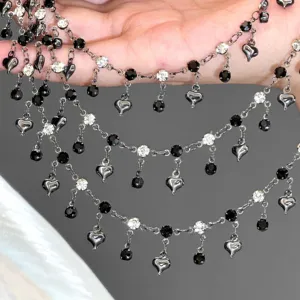 DIY metal chain with black 3D heart pendants and rhinestone charms for handmade crafts.