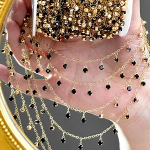 DIY gold metal chain with black rhinestone pendants, delicate handmade jewelry making accessory.
