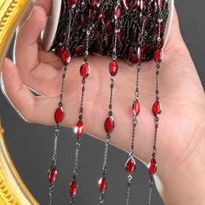 Red marquise rhinestone chain trim black metal crystal link DIY craft hair accessory detail