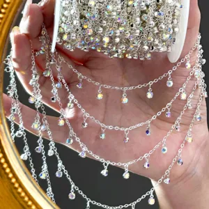 Detailed view of DIY silver iridescent rhinestone chain, perfect for handmade jewelry crafts.