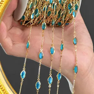 DIY gold marquise blue crystal chain jewelry making findings and craft accessories detail.
