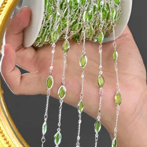 DIY silver chain with green marquise gemstone bezel for craft jewelry accessories.