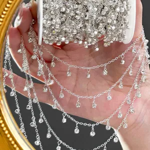 DIY silver rhinestone chain crystal beaded fringe trim for handmade jewelry necklaces.