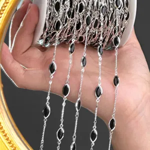 DIY metal station chain with black marquise gems for jewelry making and crafts accessories.