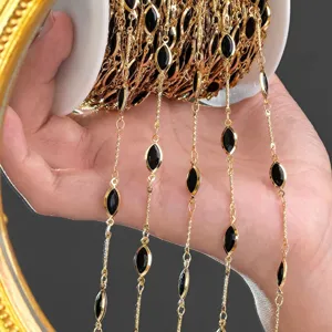 DIY gold metal chain with black marquise stone bezels for crafts and hair accessories.