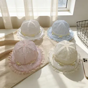 Lindo sombrero de pescador de encaje para niños con lazo y bordado floral para exterior