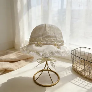 Sombrero de pescador de encaje dulce para niños malla ligera crema lazo tierno y viaje